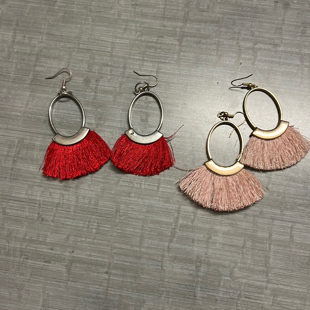 Red and light pink string earrings.selling two pairs at once.